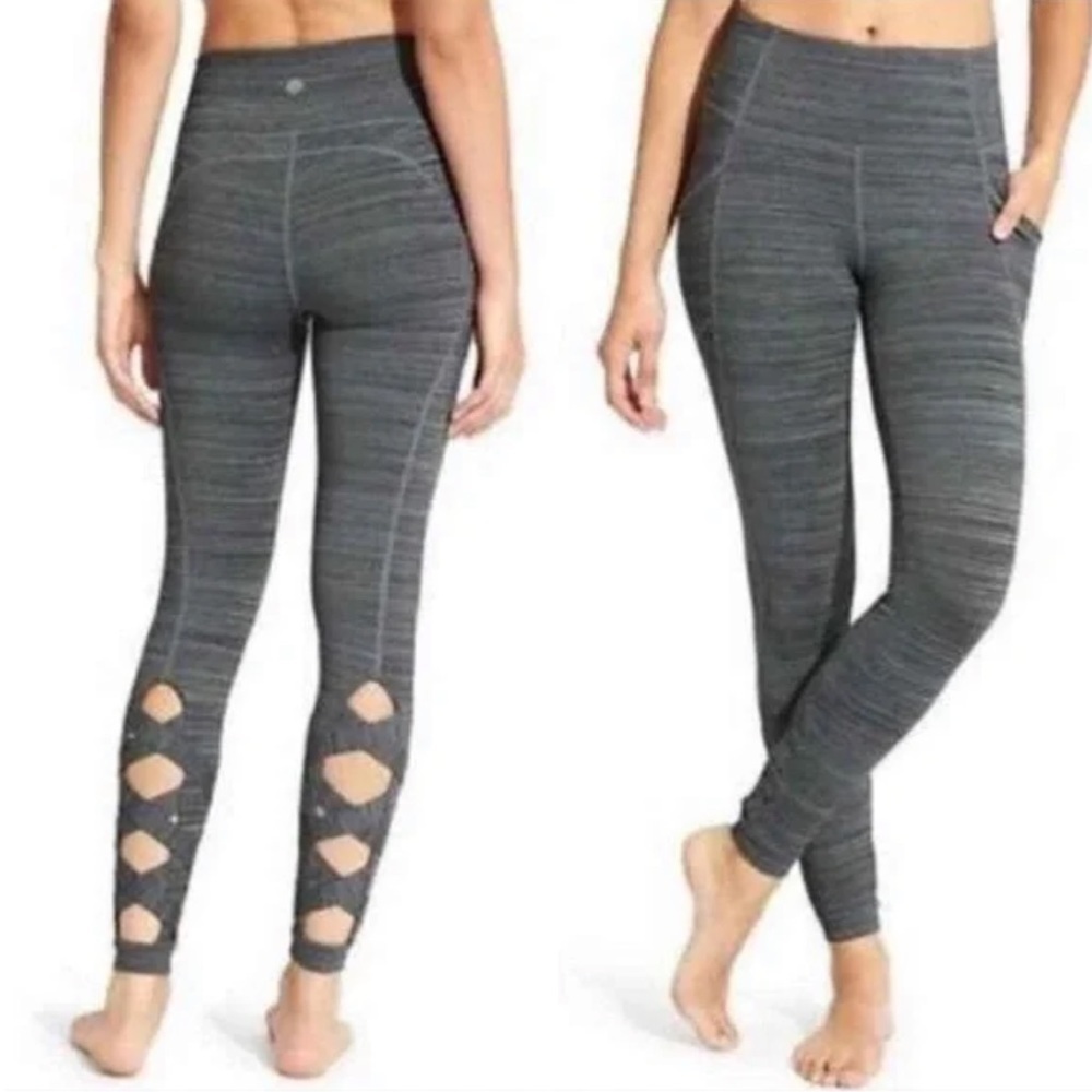 Athleta High Rise Cutout Calf Gray Space Dye Chaturanga Leggings 457430 EUC Sz S